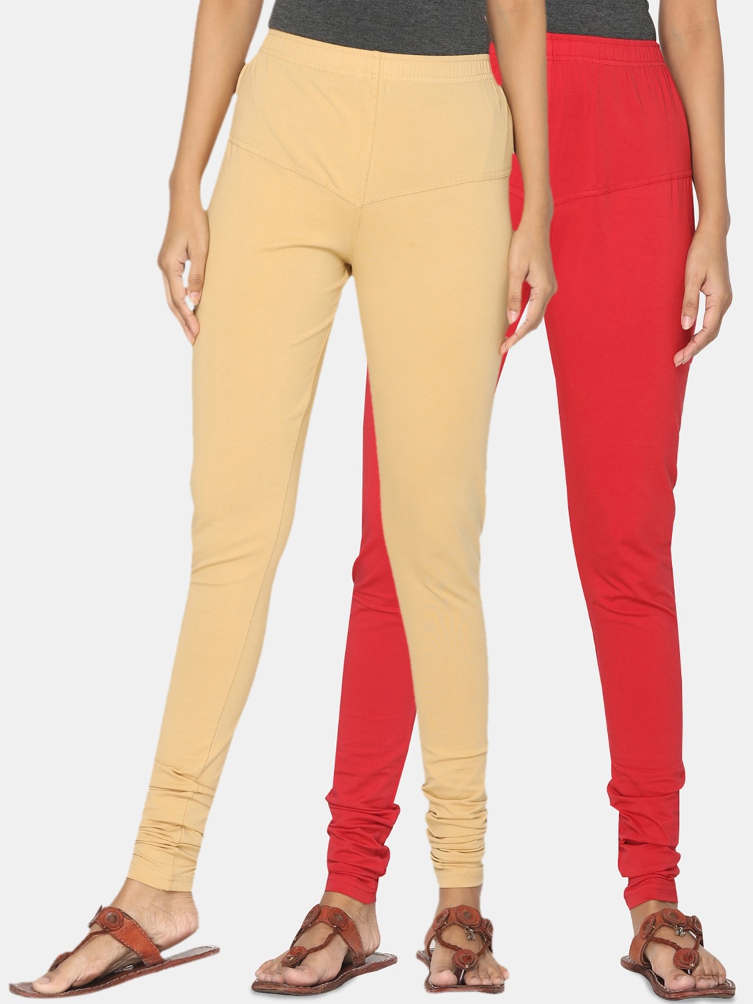 

TSG Bliss Women Pack Of 2 Beige & Maroon Solid Churidar-Length Leggings
