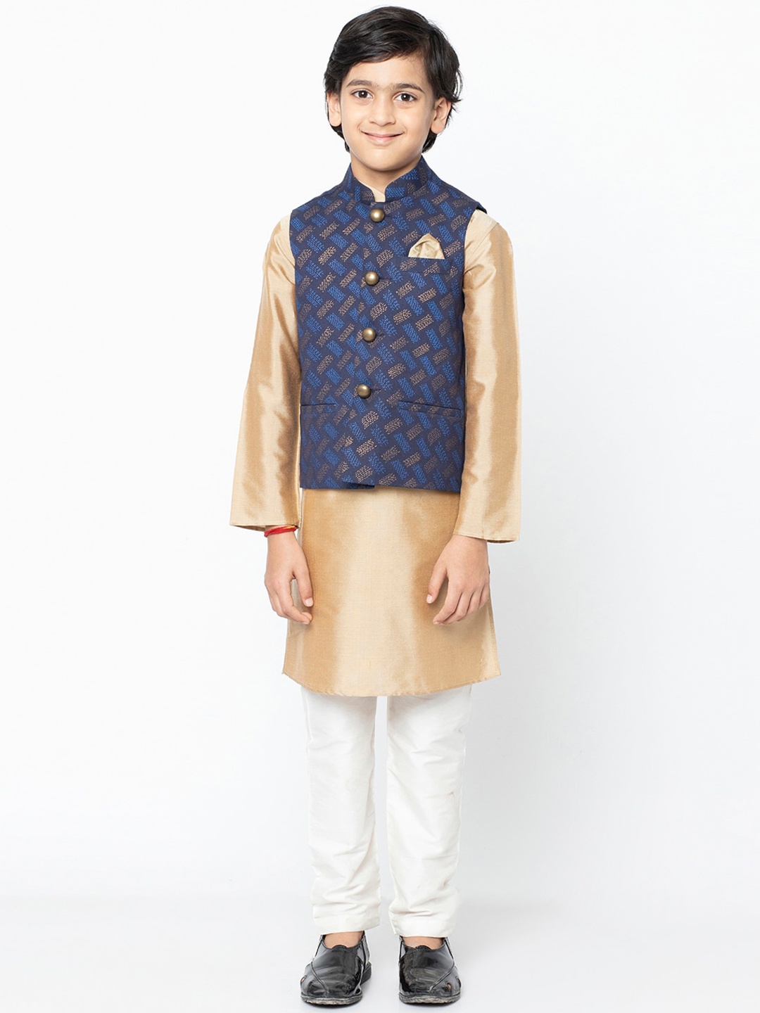 KISAH Boys Gold-Toned & Navy Blue Solid Kurta with Pyjamas & Nehru Jacket