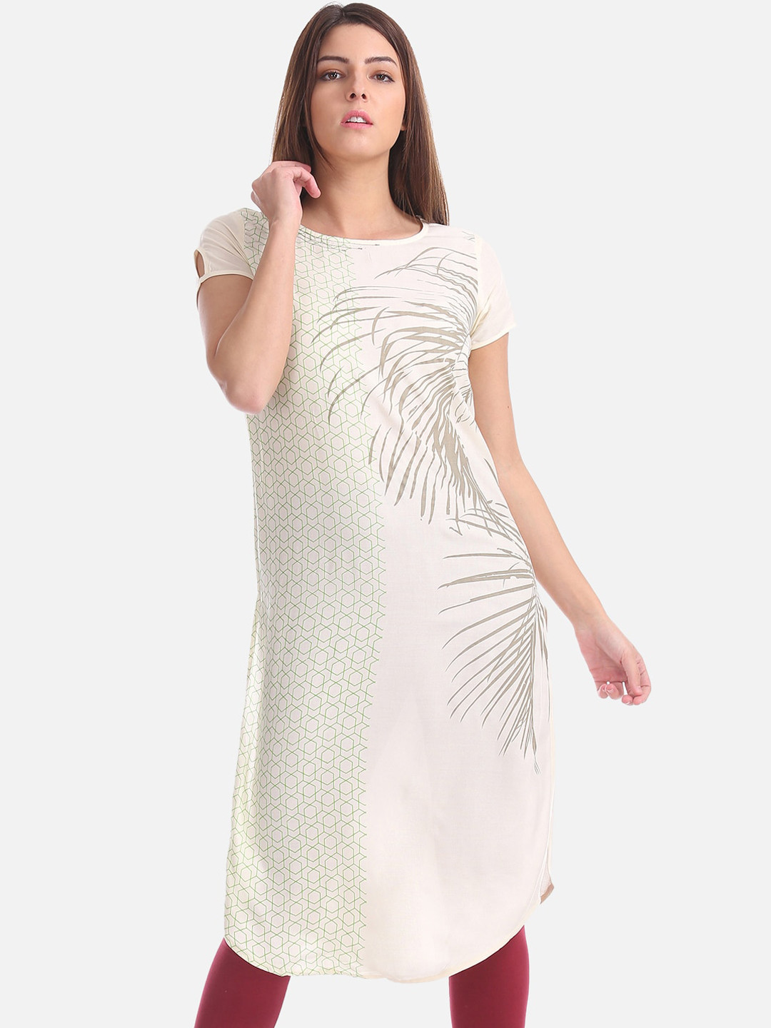 

Karigari Women Cream-Coloured & Green Printed A-Line Kurta