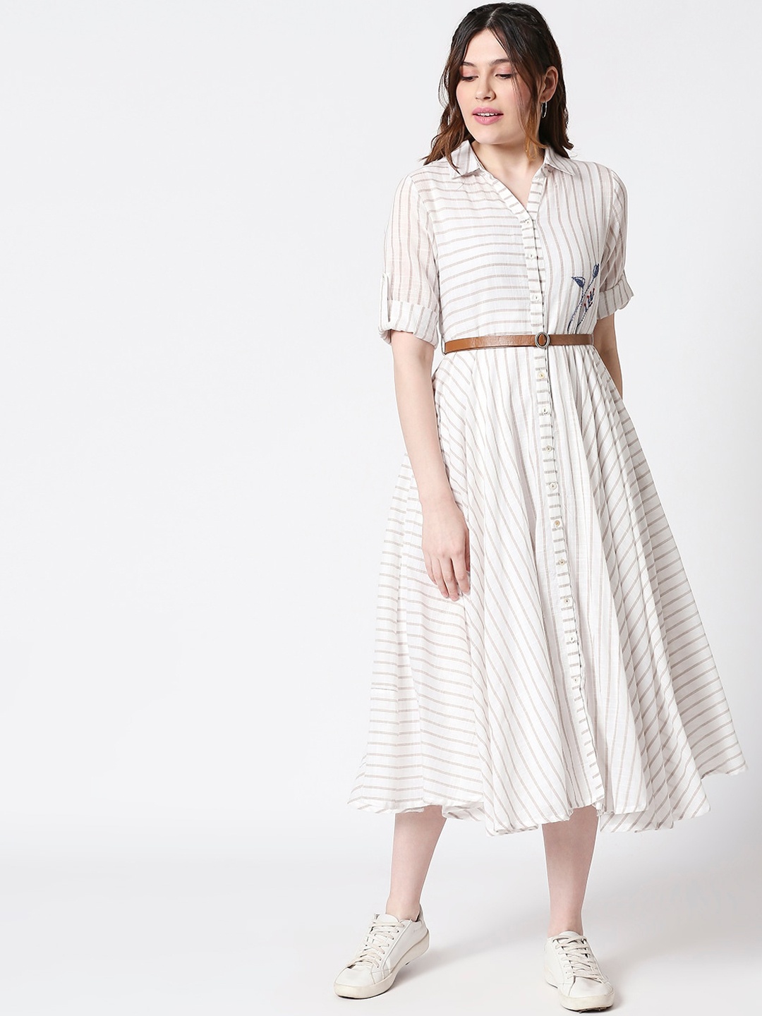 

TERQUOIS Women Off-White Striped Shirt Dress