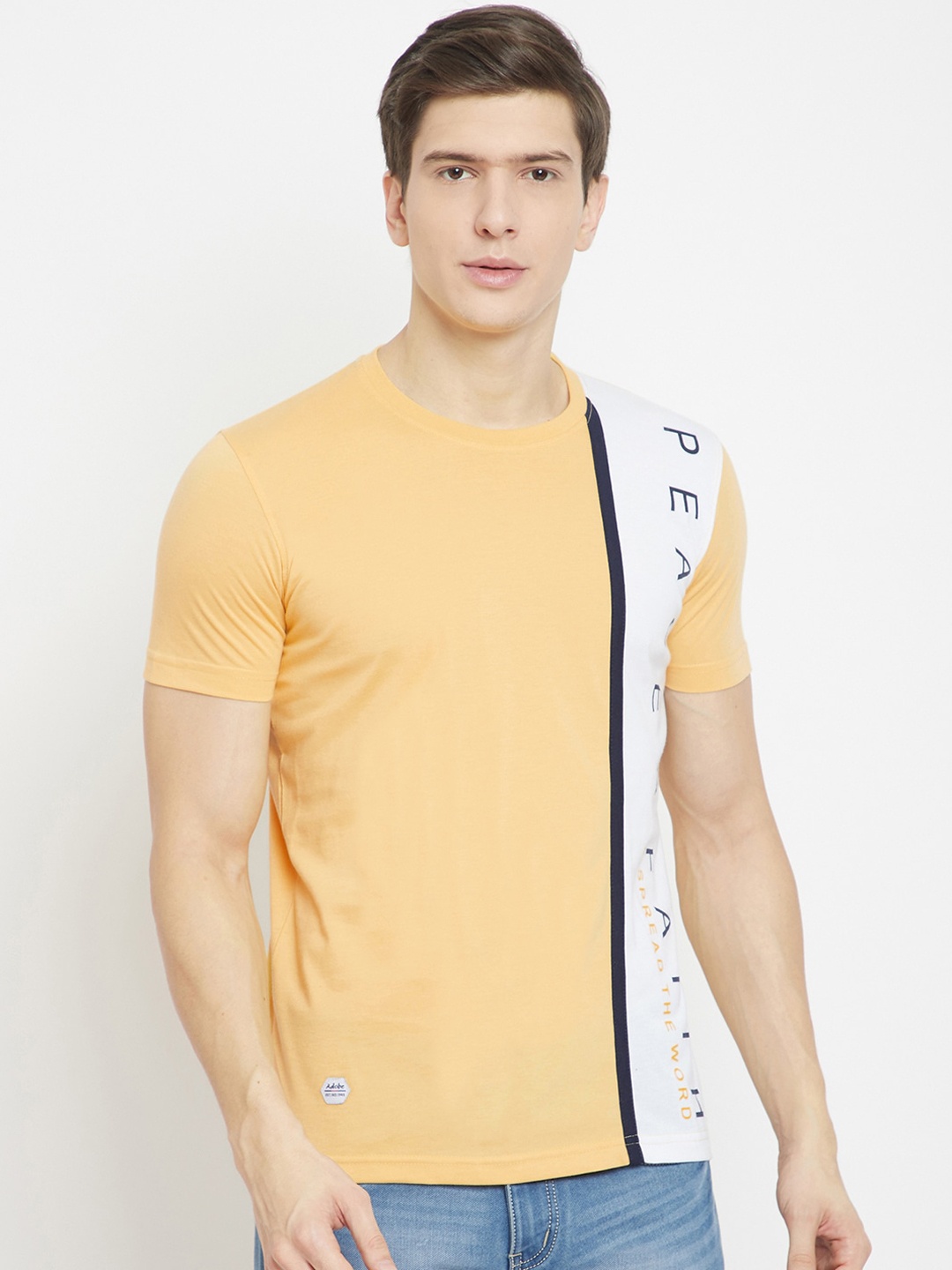 

Adobe Men Yellow & White Colourblocked Round Neck T-shirt