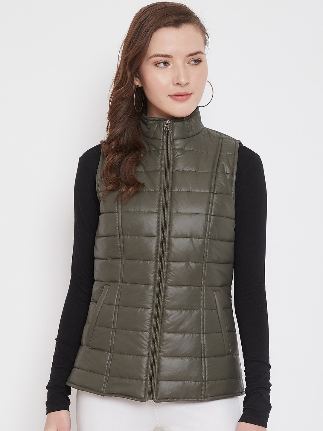 

PURYS Women Olive Green Solid Padded Jacket
