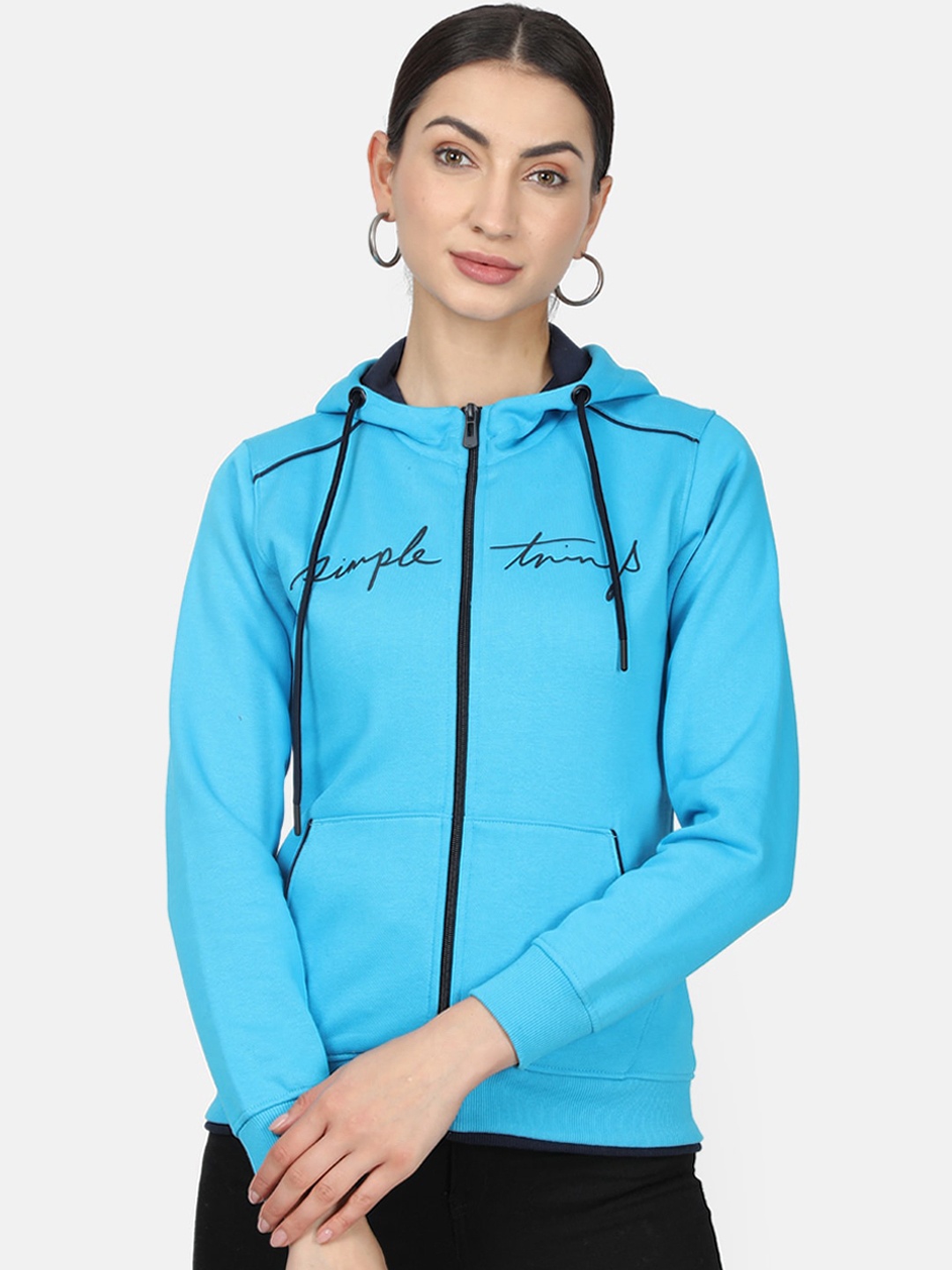 

Monte Carlo Women Blue Printed Hooded Sweatshirt