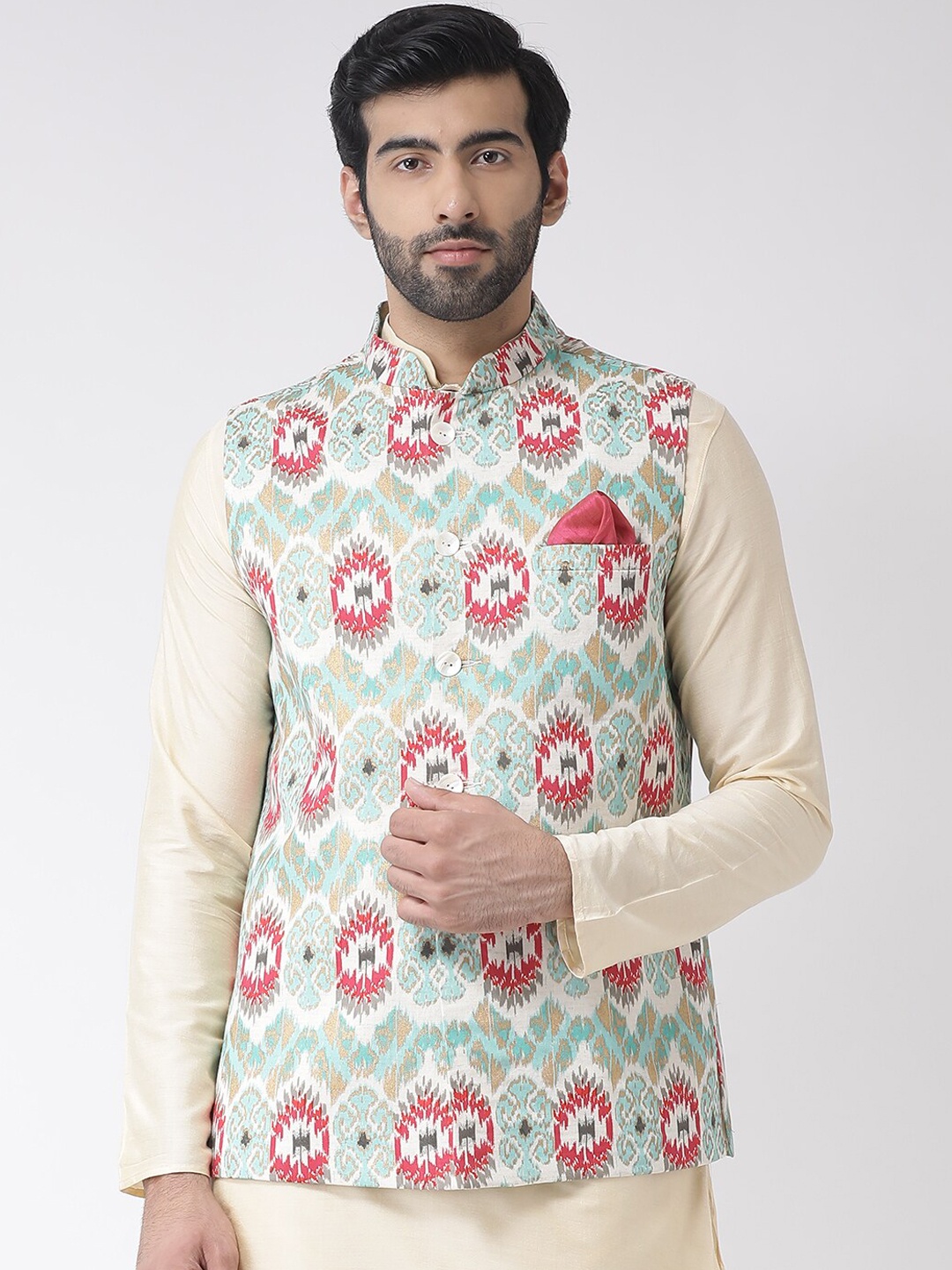 

Vartah Men Cream-Coloured & Red Woven-Design Pure Cotton Nehru Jacket