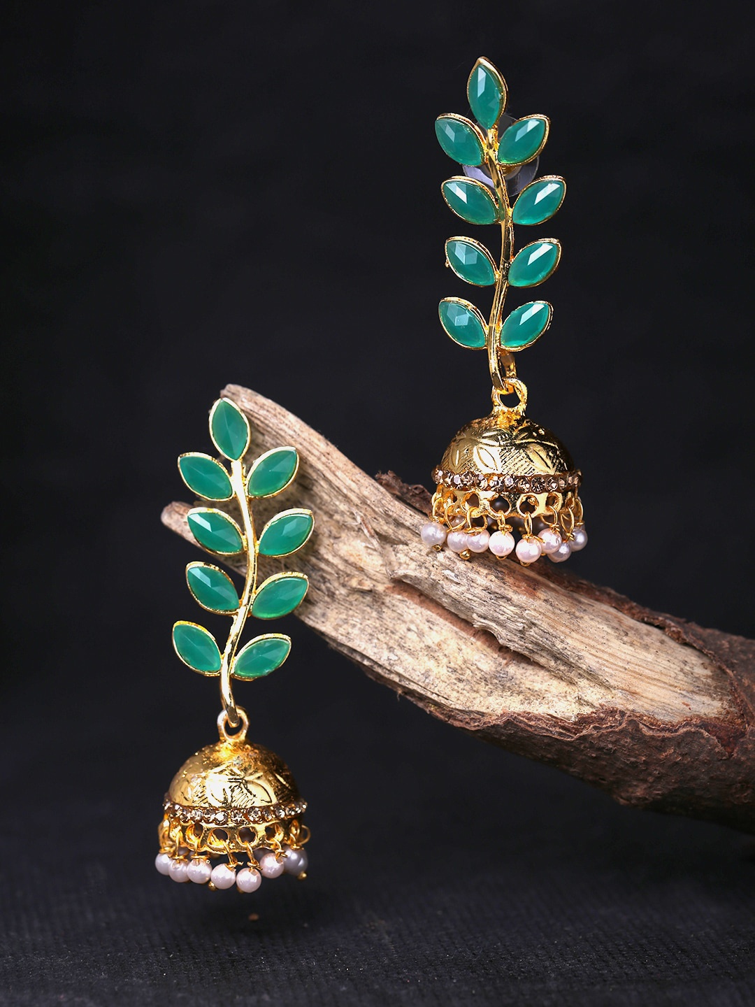 

Yellow Chimes Green & Gold-Plated Antique Leaf Shaped Jhumkas