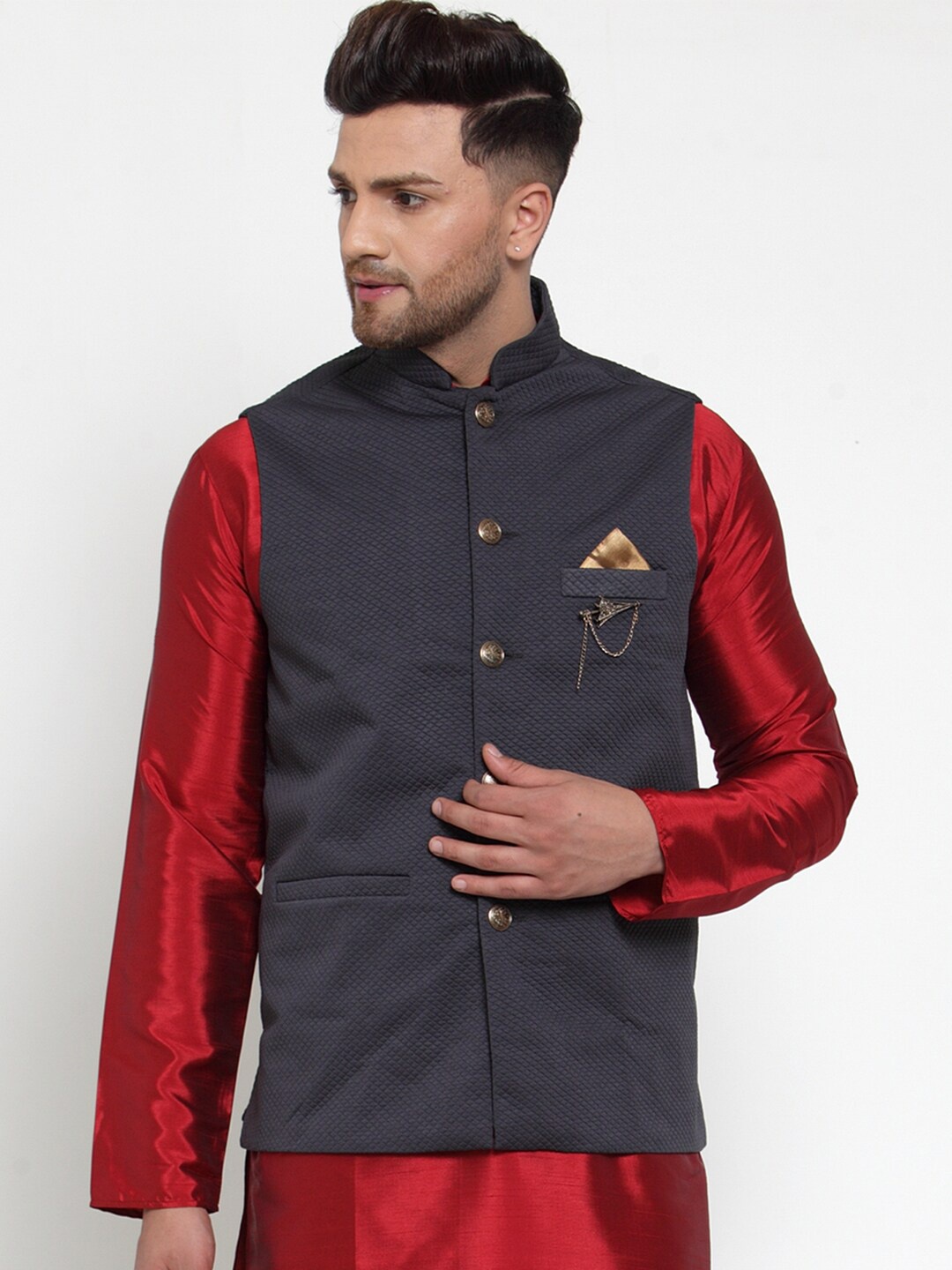 

Jompers Men Black Woven Design Regular Fit Nehru Jacket