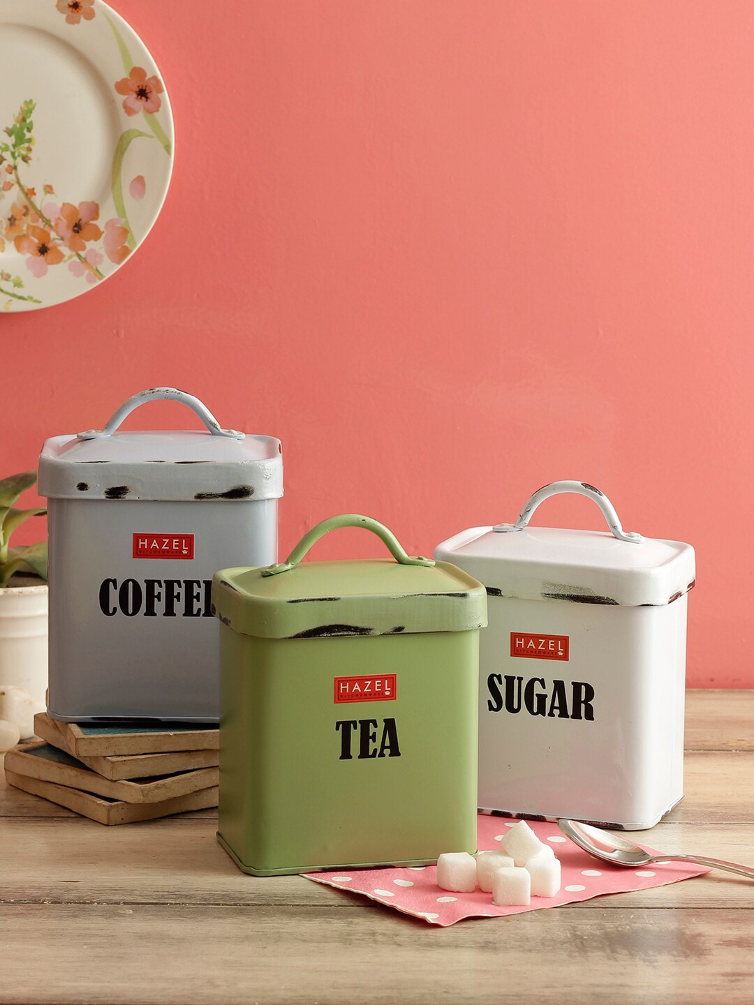HAZEL Set of 3 Tea Coffee Sugar Printed Rectangle Containers With Handle, Green