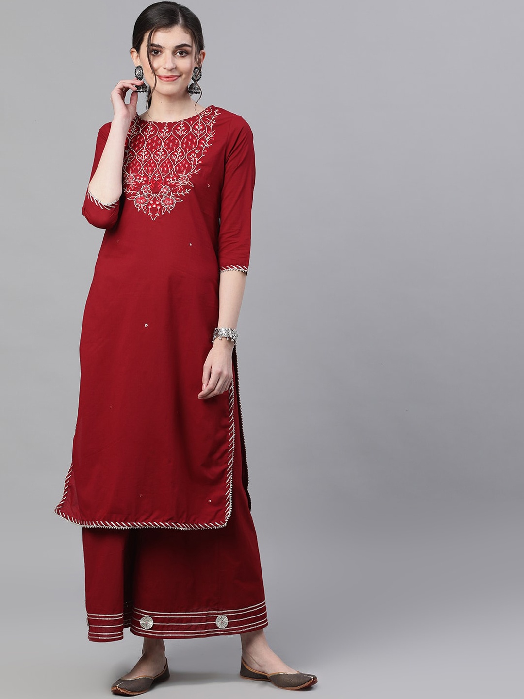 

Ishin Women Red & Off-White Embroidered Kurta with Palazzos