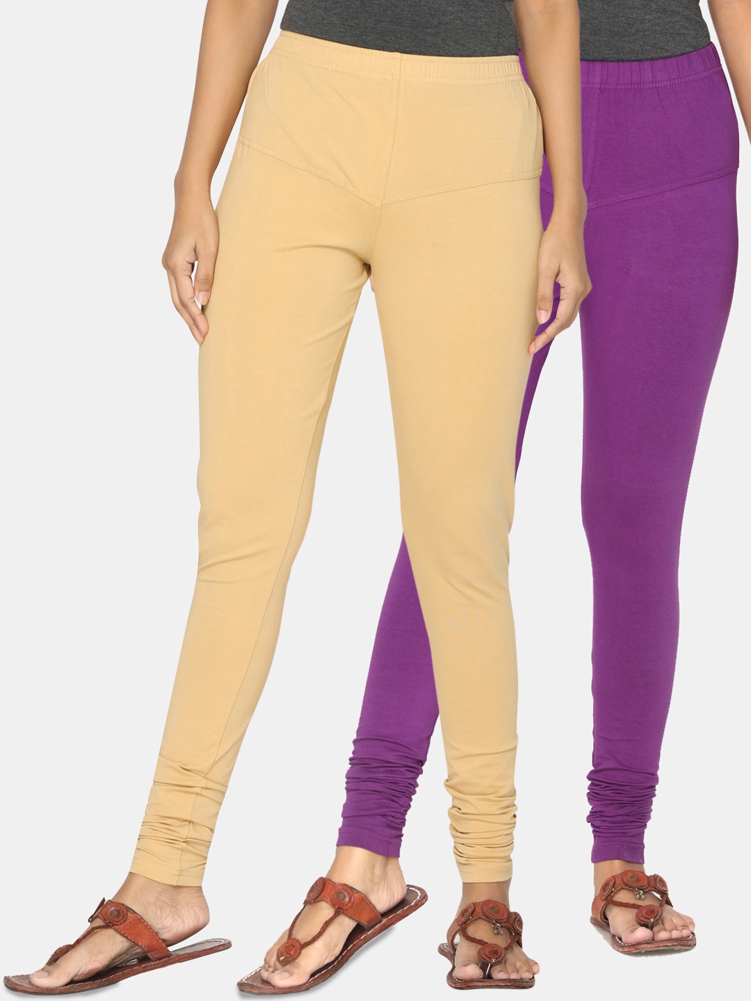 TSG Bliss Women Pack Of 2 Beige & Purple Solid Churidar-Length Leggings