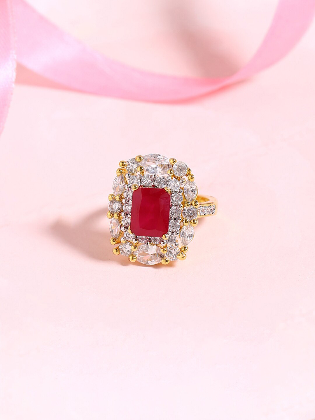 

Voylla Gold-Toned & Red CZ-Studded Finger Ring