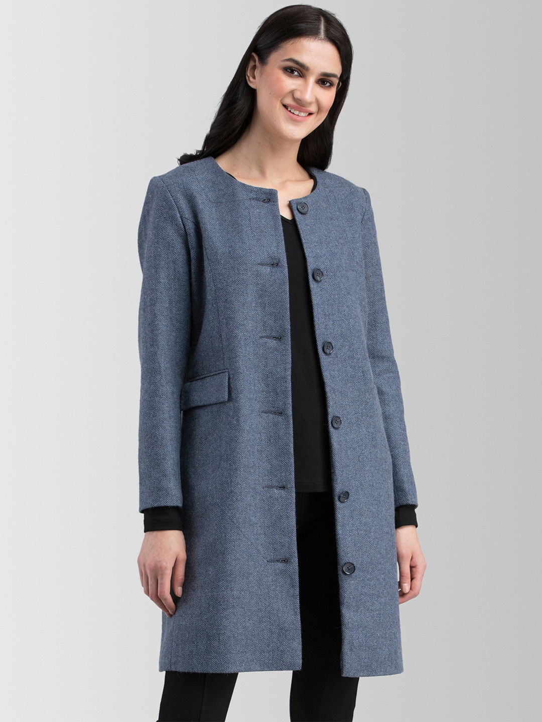 

FableStreet Women Blue Self Design Tailored Jacket