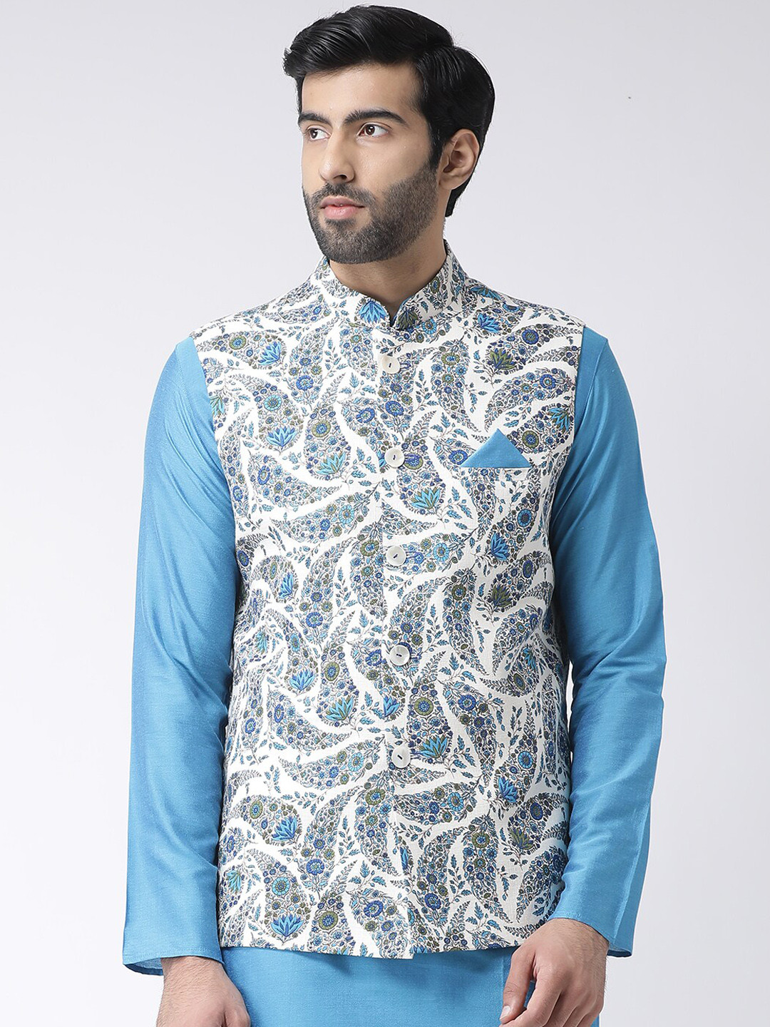 

Vartah Men Cream Coloured & Blue Printed Pure Cotton Nehru Jacket