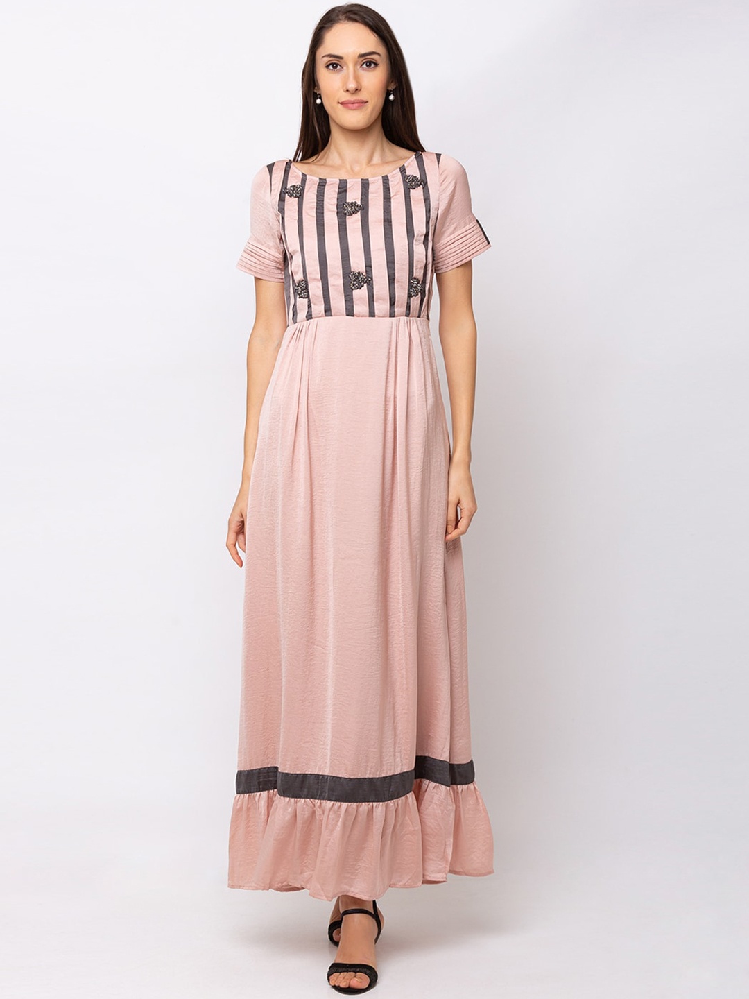 

SHECZZAR Women Peach-Coloured & Black Striped Maxi Dress