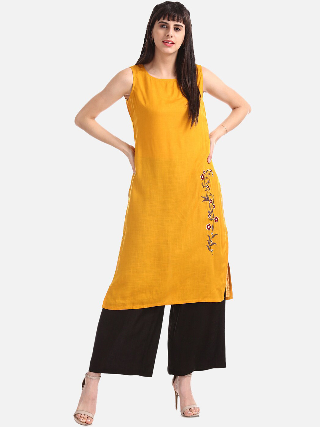 

Karigari Women Mustard Yellow & Black Embroidered Straight Kurta