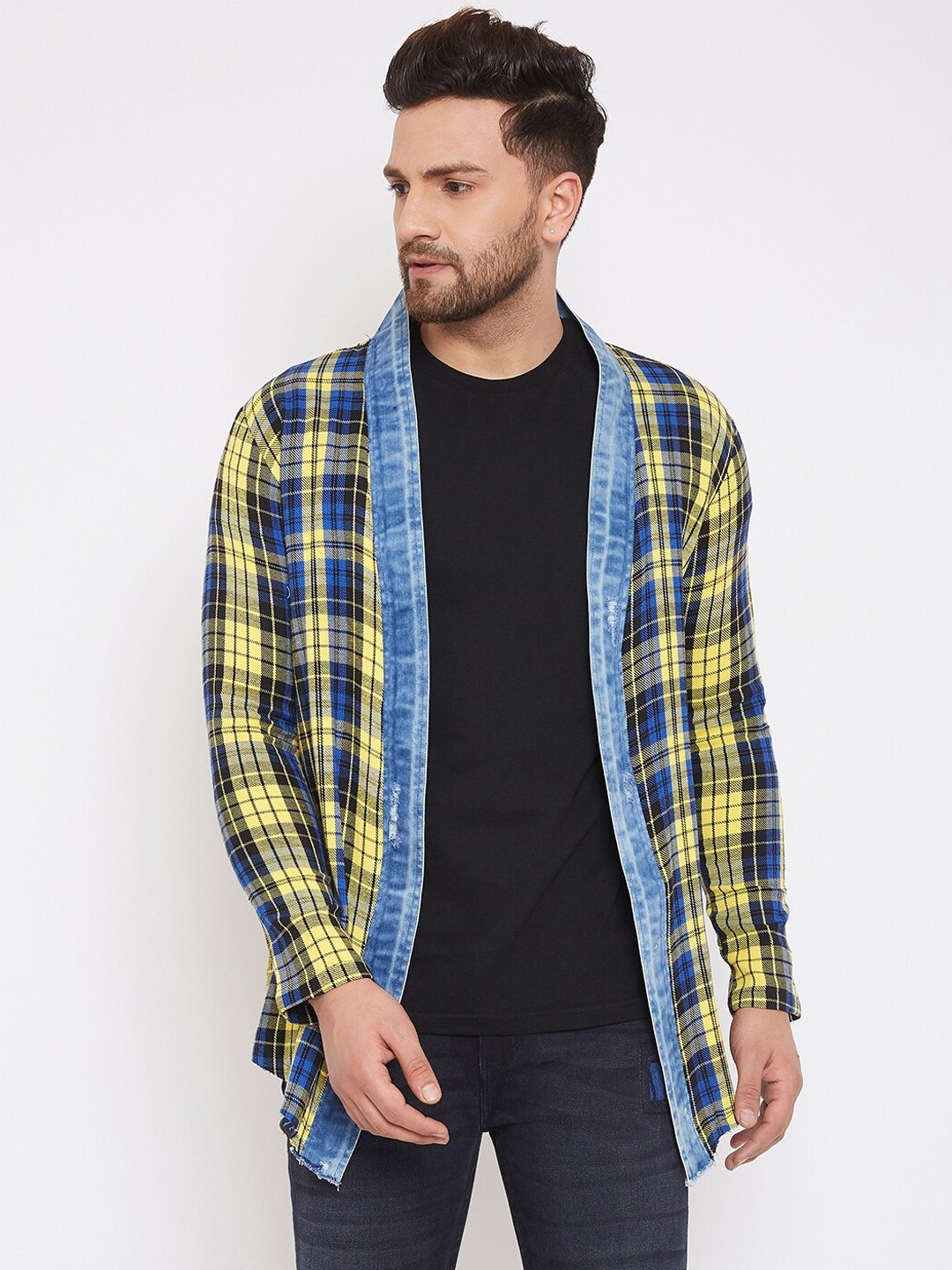 

FUGAZEE Men Yellow & Blue Checked Open Front Shrug