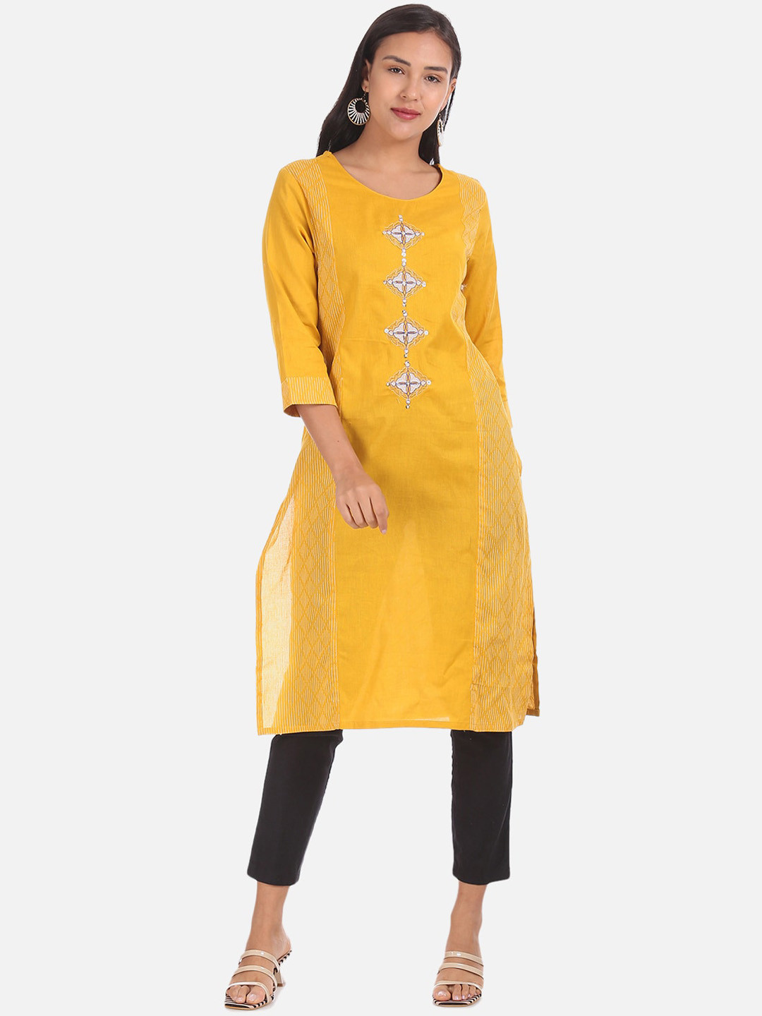 

Karigari Women Mustard Embroidered A-Line Kurta