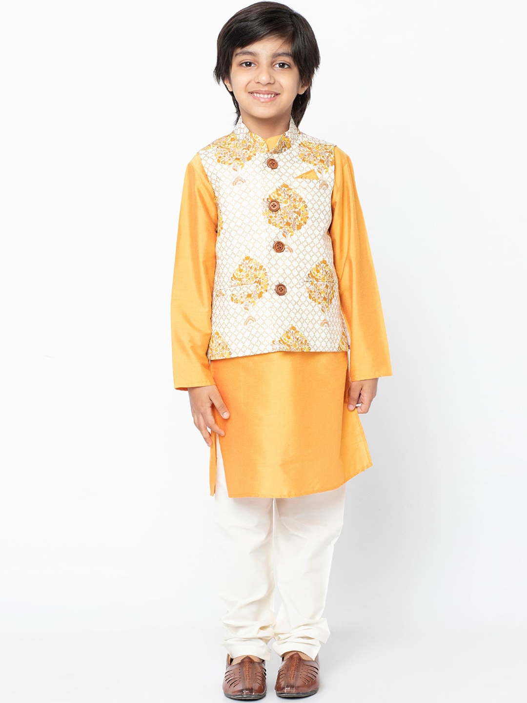 KISAH Boys Yellow & Off-White Solid Kurta with Churidar & Dupatta
