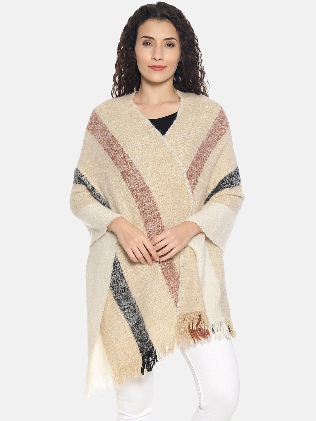 

513 Women Beige & Maroon Woven-Design Stole