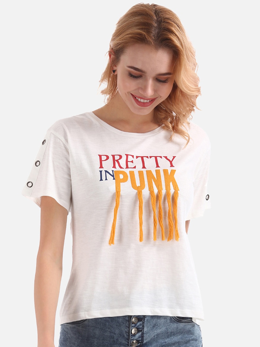 

Cherokee Women White Yellow Printed Round Neck Pure Cotton T-shirt