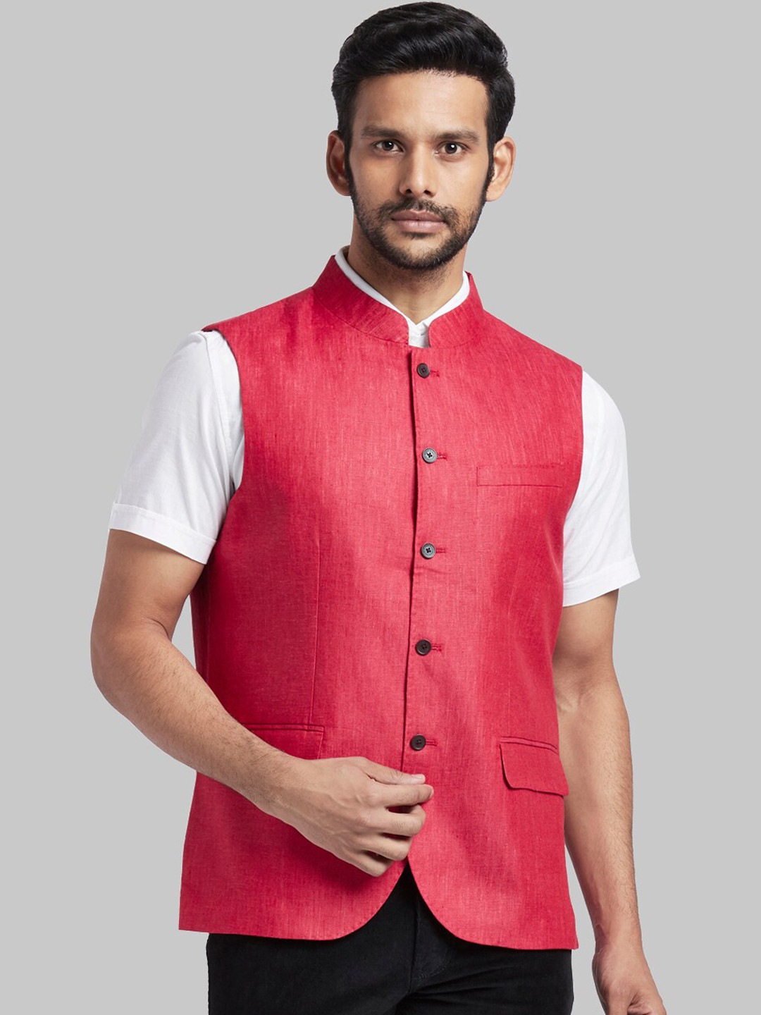 

Parx Men Red Woven Design Linen Nehru Jacket