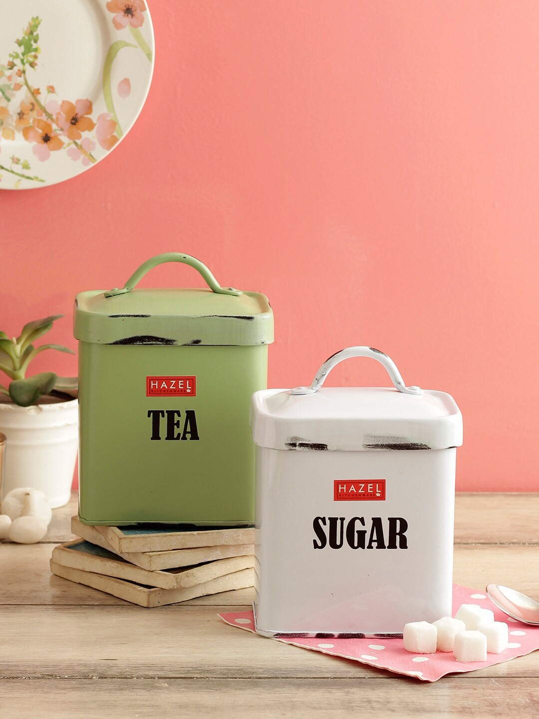 

HAZEL Set Of 2 Antique Rectangle Sugar/Tea Storage Canister Container With Handle 1150 ML, Lime green