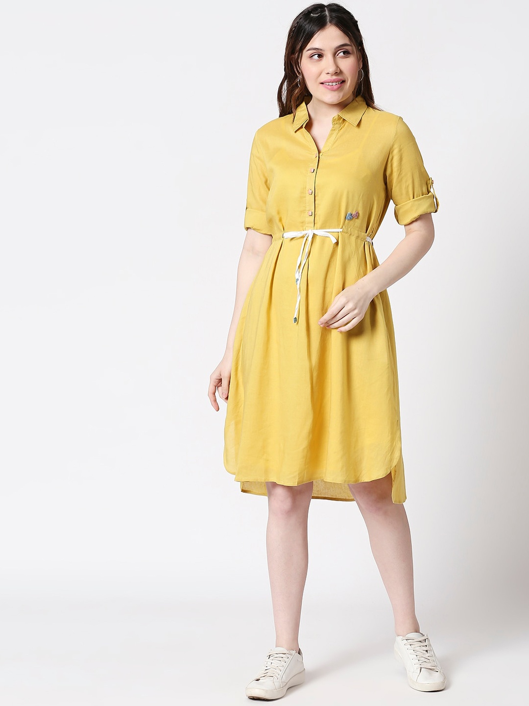 

TERQUOIS Women Mustard Yellow Solid Shirt Dress