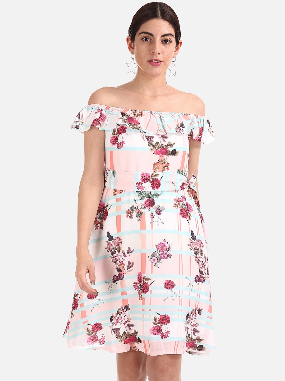 

Sugr Women Off-White & Peach-Coloured Floral Printed Fit and Flare Dress