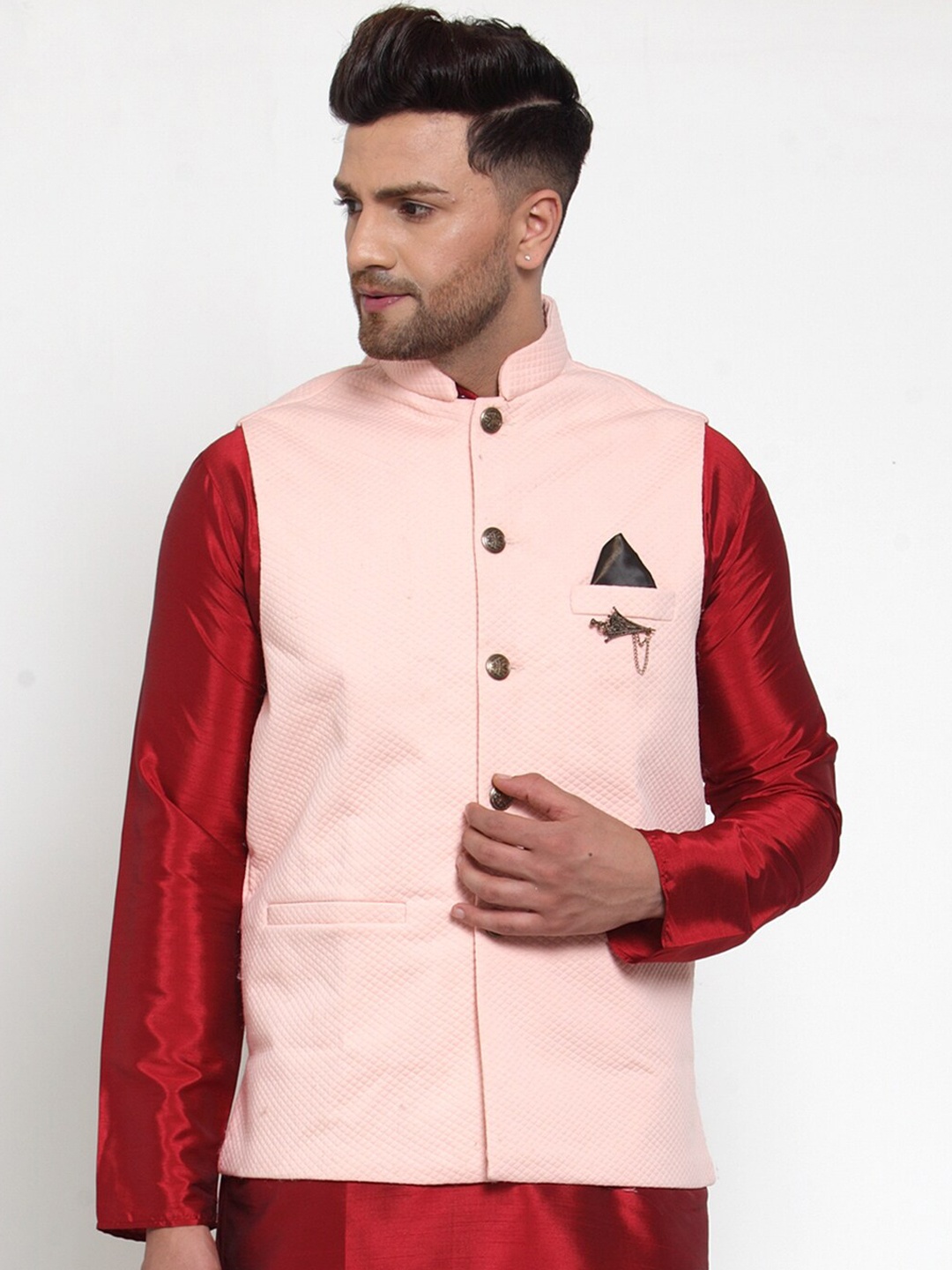 

Jompers Men Pink Woven Design Regular Fit Nehru Jacket