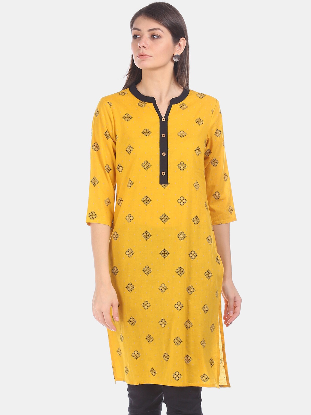 

Karigari Women Mustard & Black Embroidered Straight Kurta