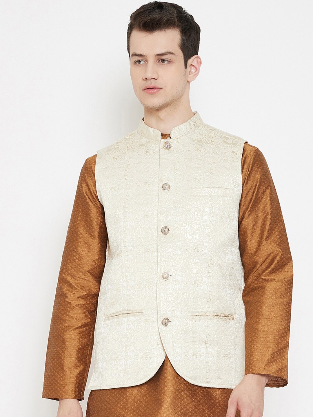 

even Men Off-White Foil Printed Pure Cotton Nehru Jacket