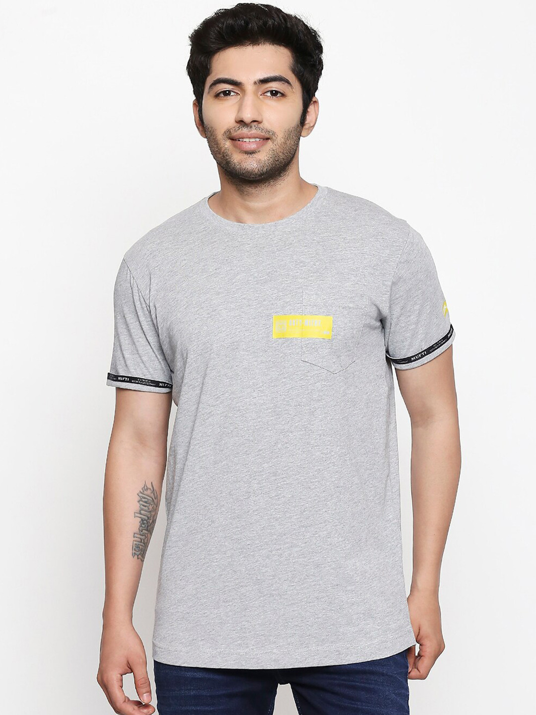 

Mufti Men Grey Melange Printed Round Neck T-shirt