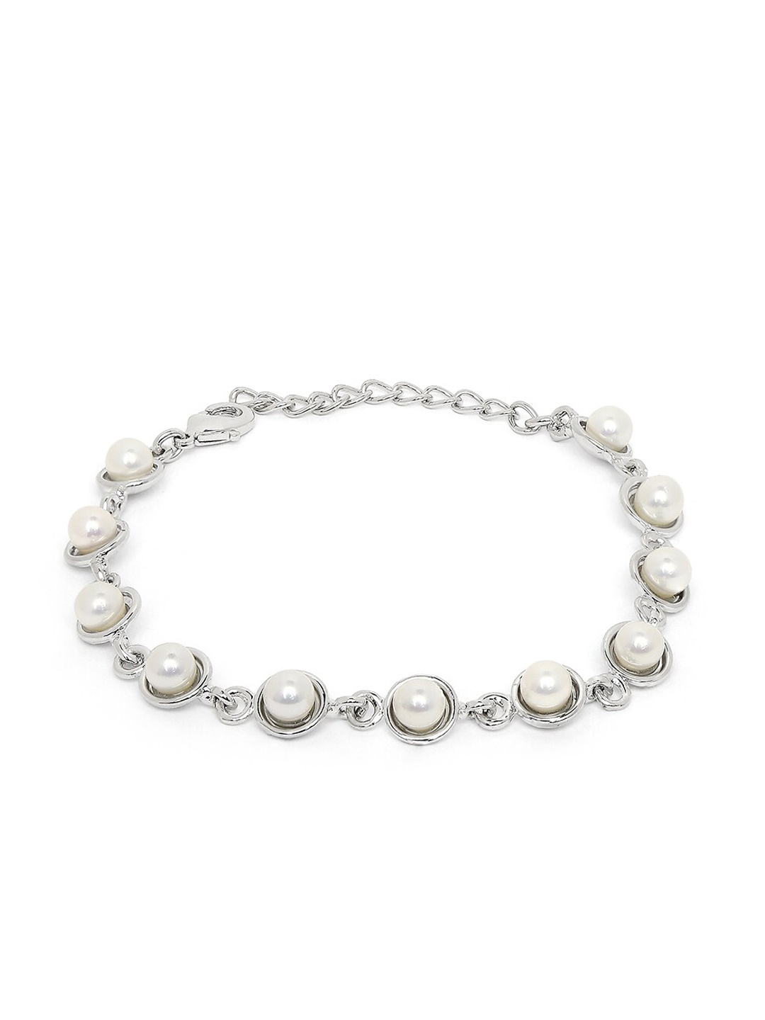 

Mahi Rhodium-Plated Silver-Toned & White Pearl Beaded Adjustable Bracelet