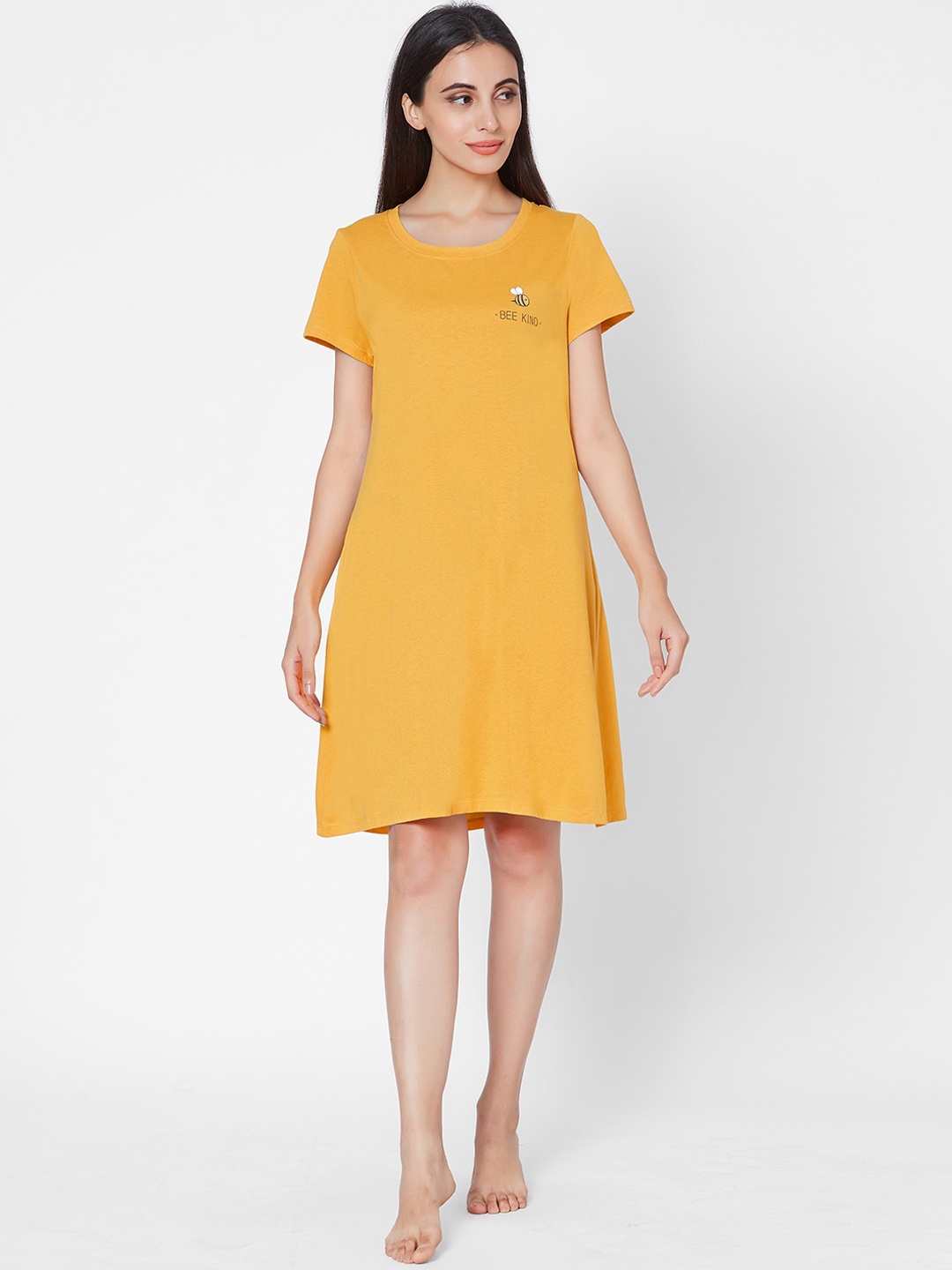 

Soie Women Yellow Solid Knee Length Nightdress
