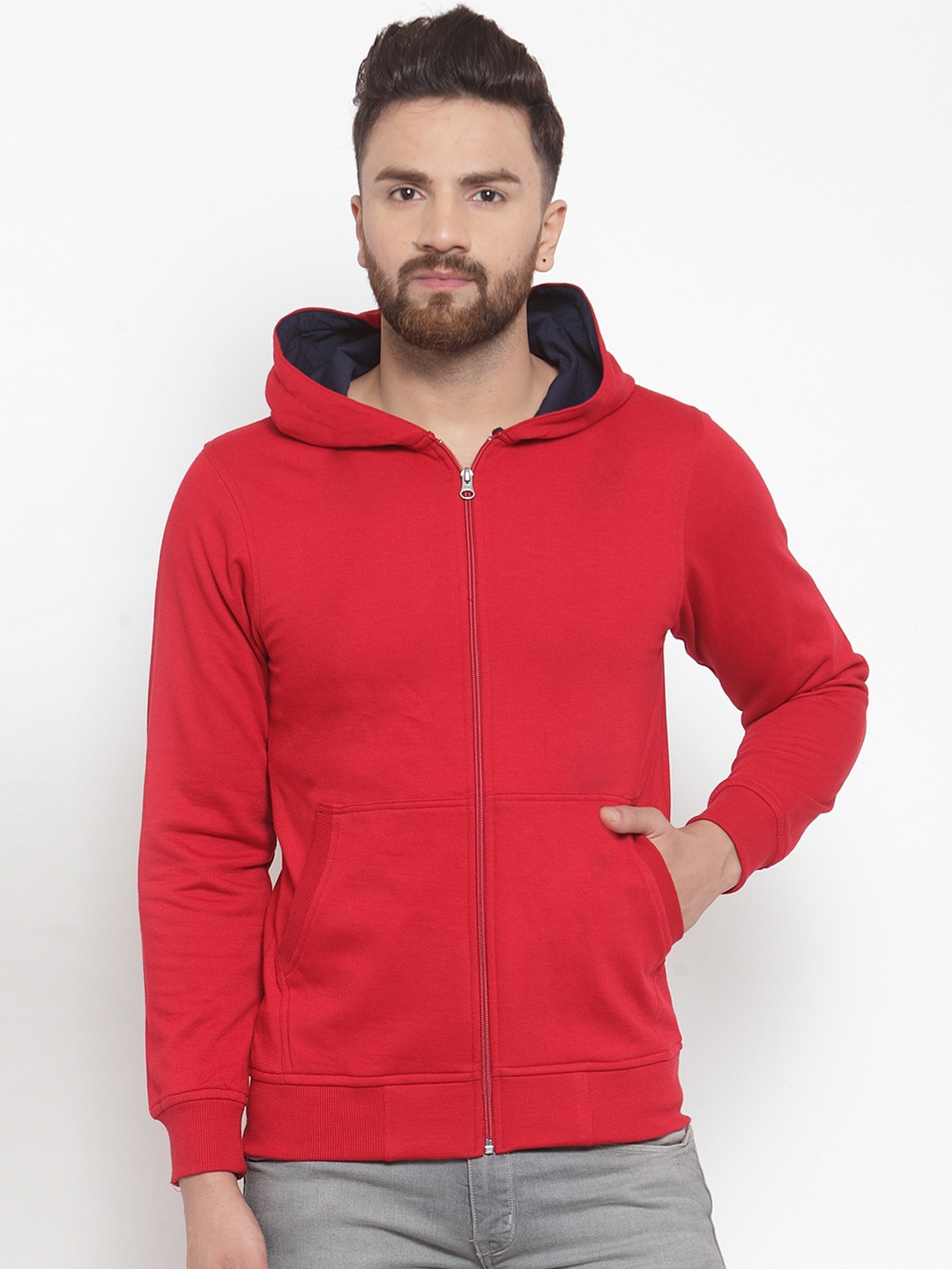 

Kalt Men Red Solid Hooded Sweatshirt