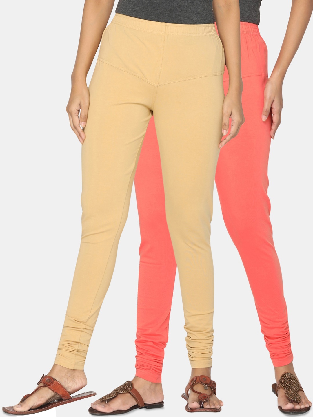 

TSG Bliss Women Pack Of 2 Beige & Coral Solid Churidar-Length Leggings