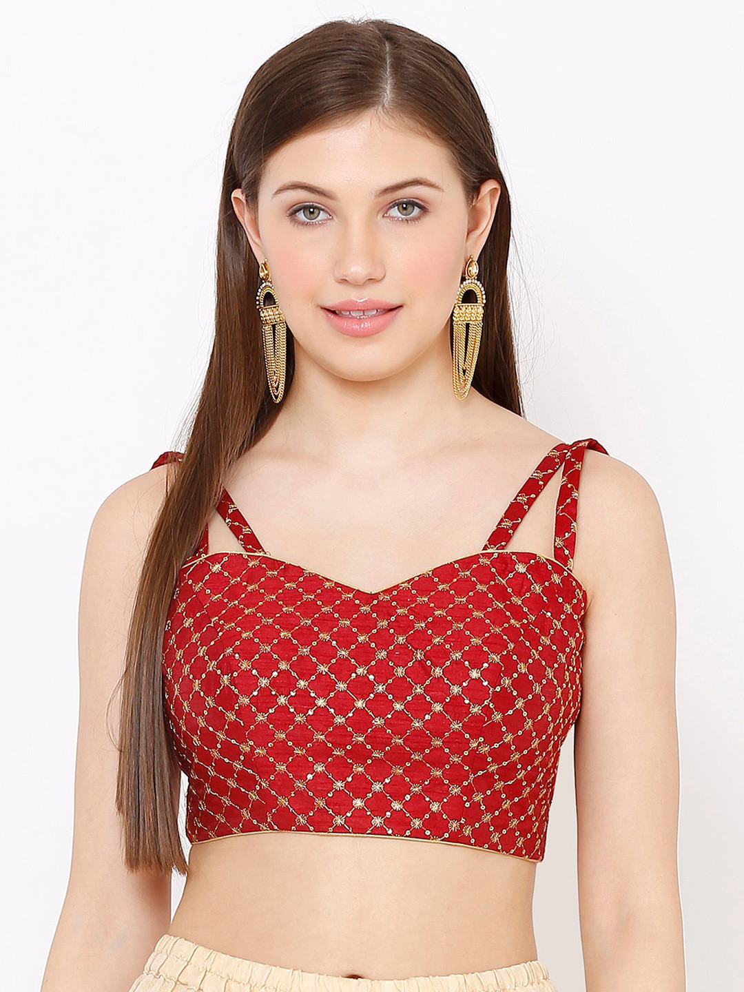 

SALWAR STUDIO Women Maroon & Gold-Coloured Padded Embroidered Readymade Saree Blouse, Red