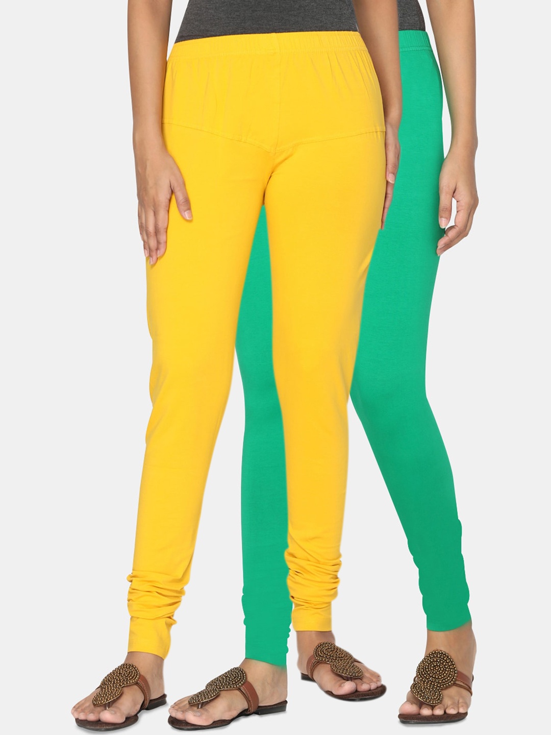 TSG Bliss Women Pack Of 2 Solid Churidar-Length Leggings, Green