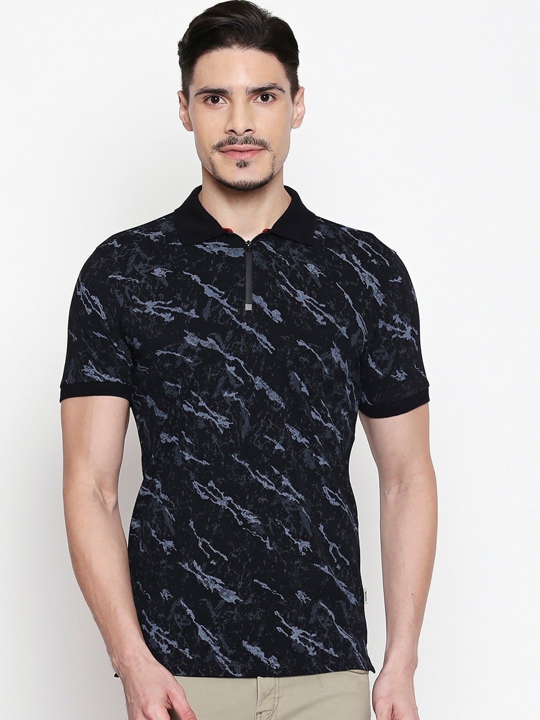 

Mufti Men Black Printed Polo Collar Pure Cotton T-shirt