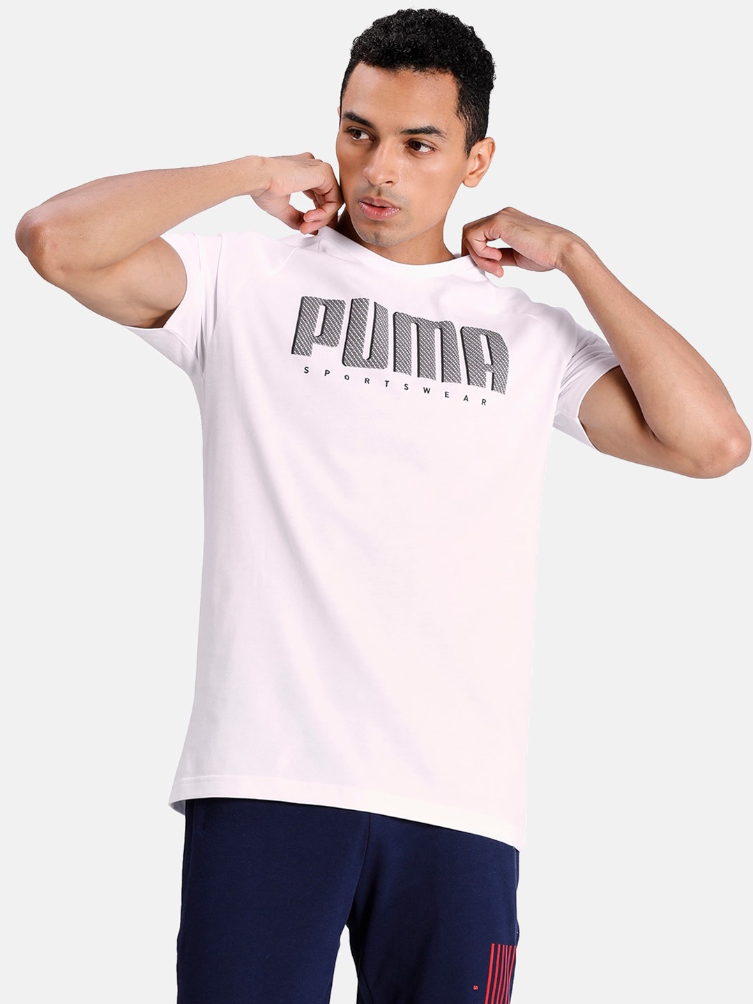 Puma Men White & Grey Brand Logo Printed Round Neck Athletics Tee