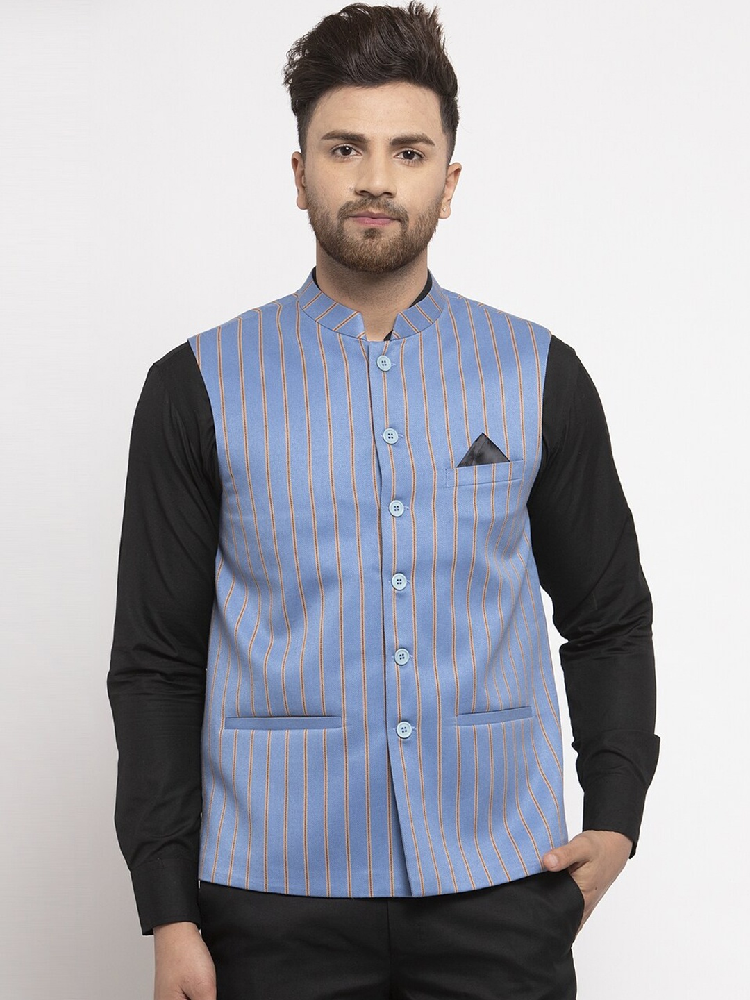 

NEUDIS Men Blue & Yellow Striped Regular-Fit Nehru Jacket