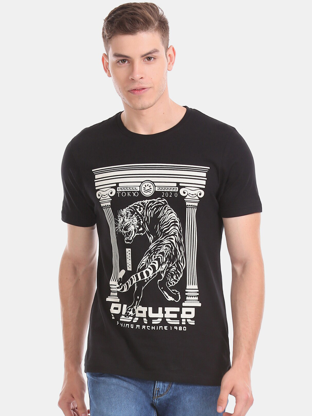 

Flying Machine Men Black Printed Round Neck Pure Cotton T-shirt
