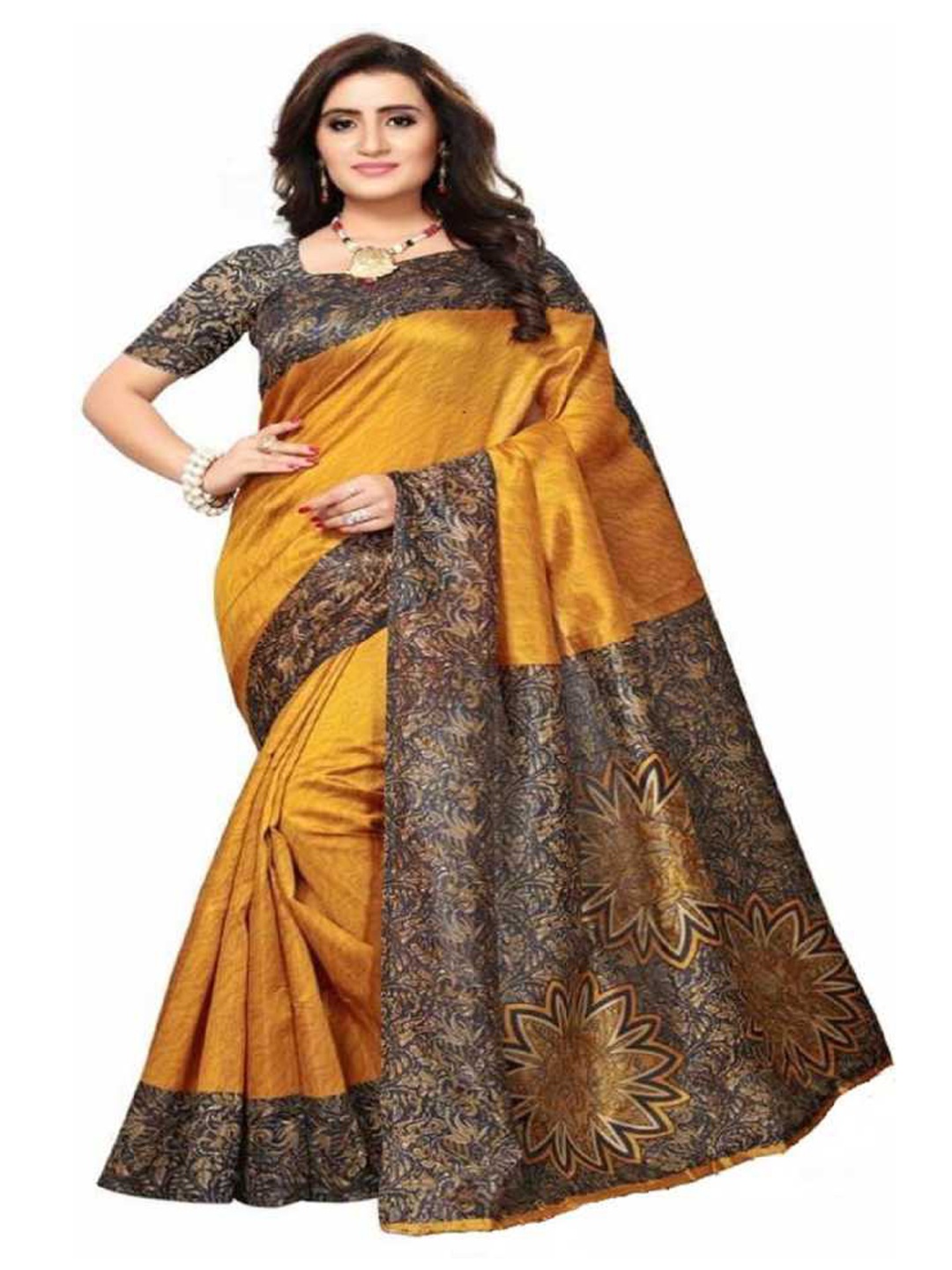 

KALINI Yellow & Brown Art Silk Solid Mysore Silk Saree