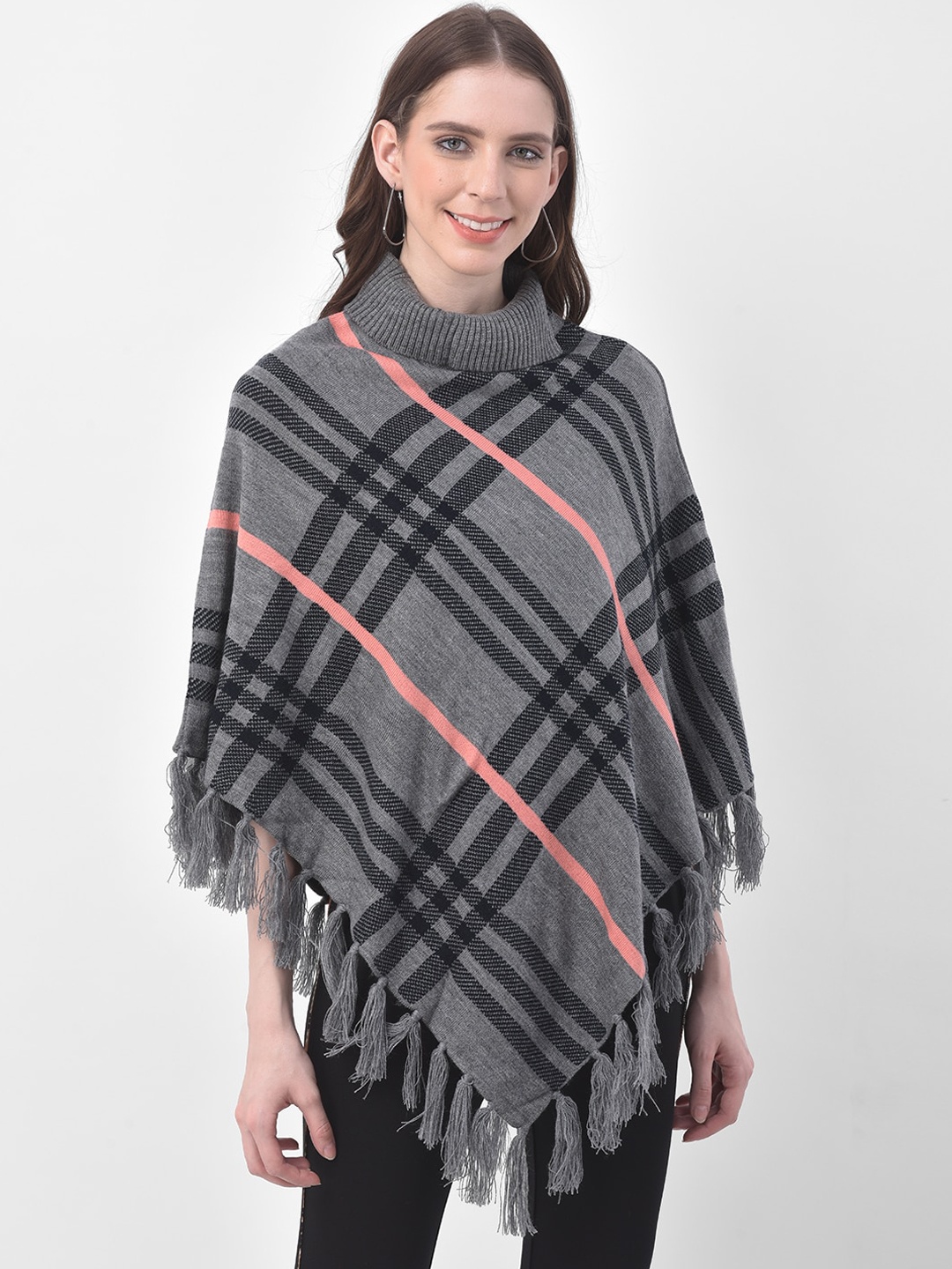 

Latin Quarters Women Grey & Black Checked Poncho Sweater