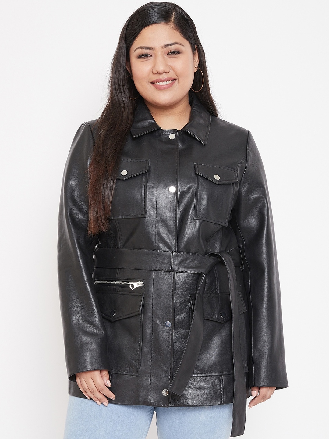 

Justanned Plus Women Plus Size Black Solid Leather Jacket
