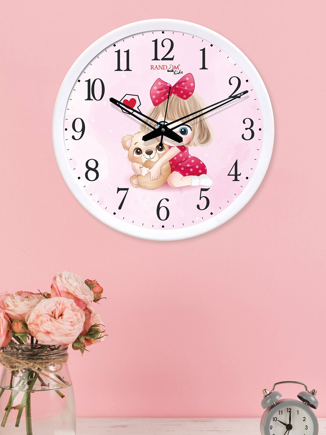 

RANDOM White & Pink Cute Girl Love Teddy Round Shaped Wall Clock With Glass