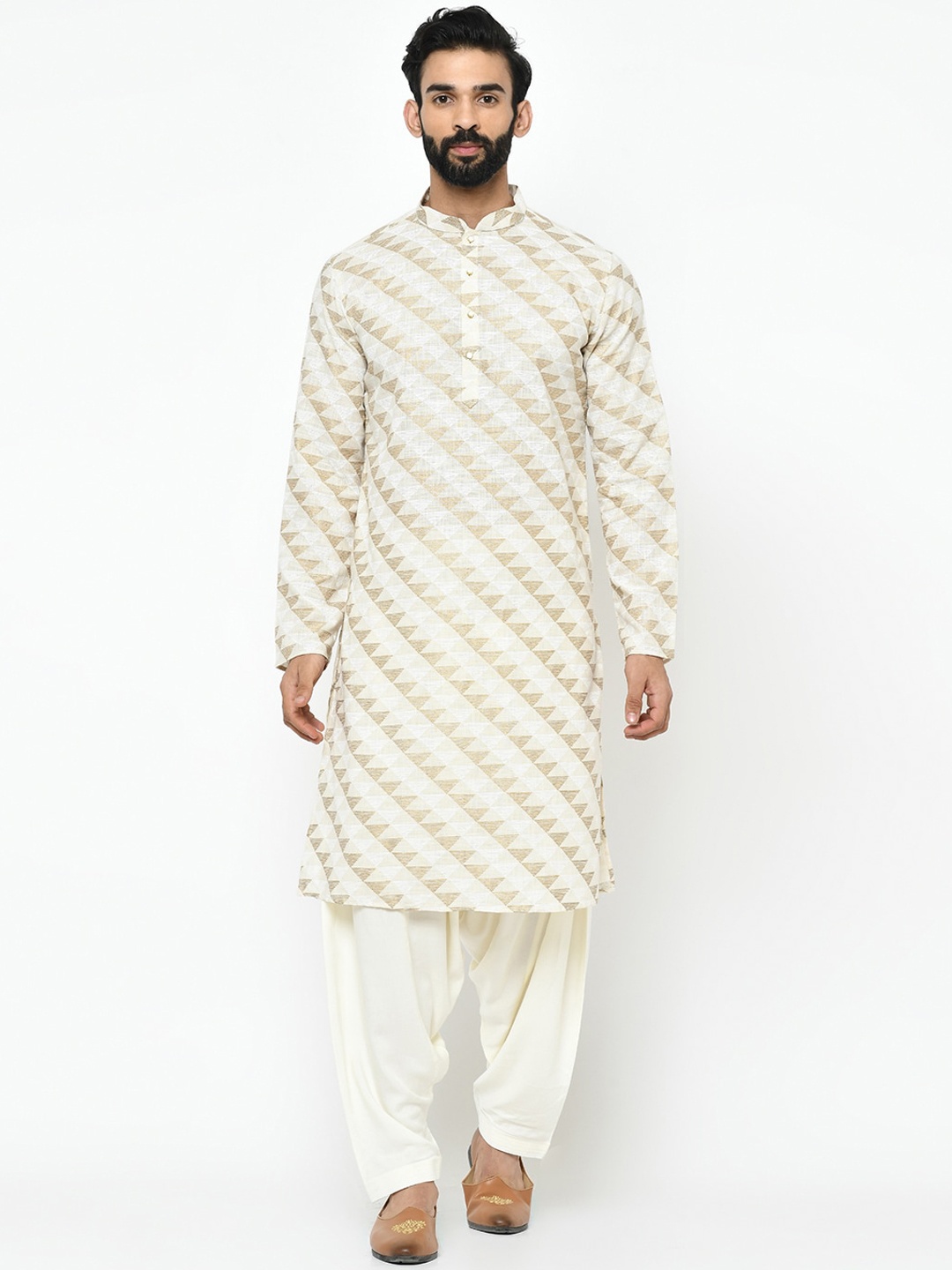 

Vartah Men White & Gold-Toned Woven Design Straight Kurta