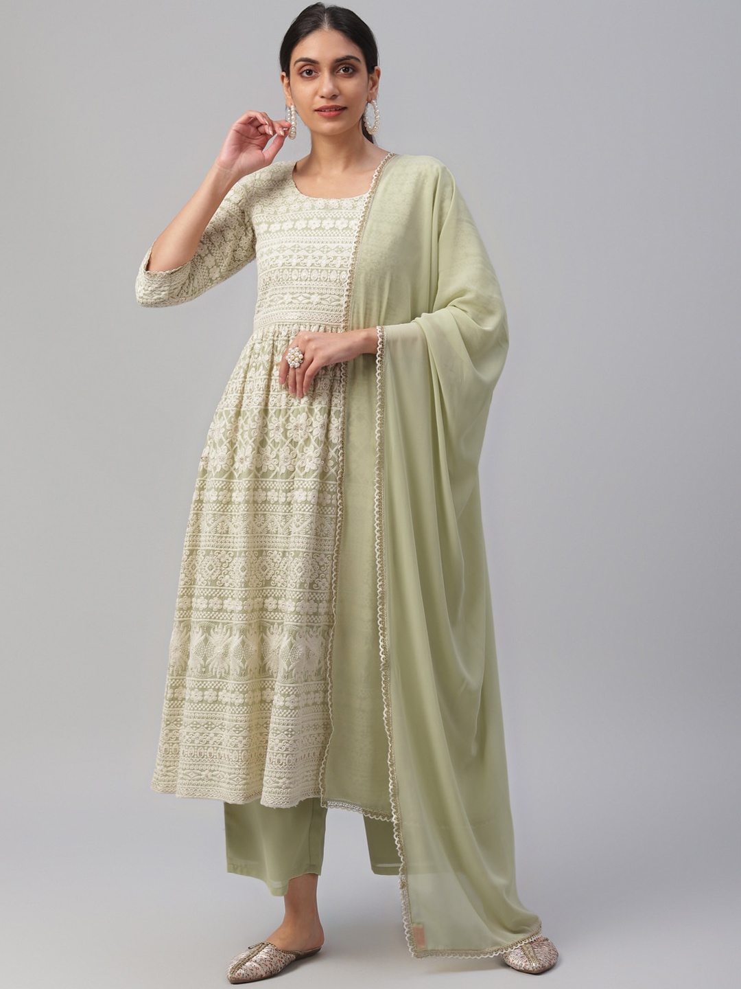 

Libas Women Green Embroidered Kurta with Trousers & Dupatta