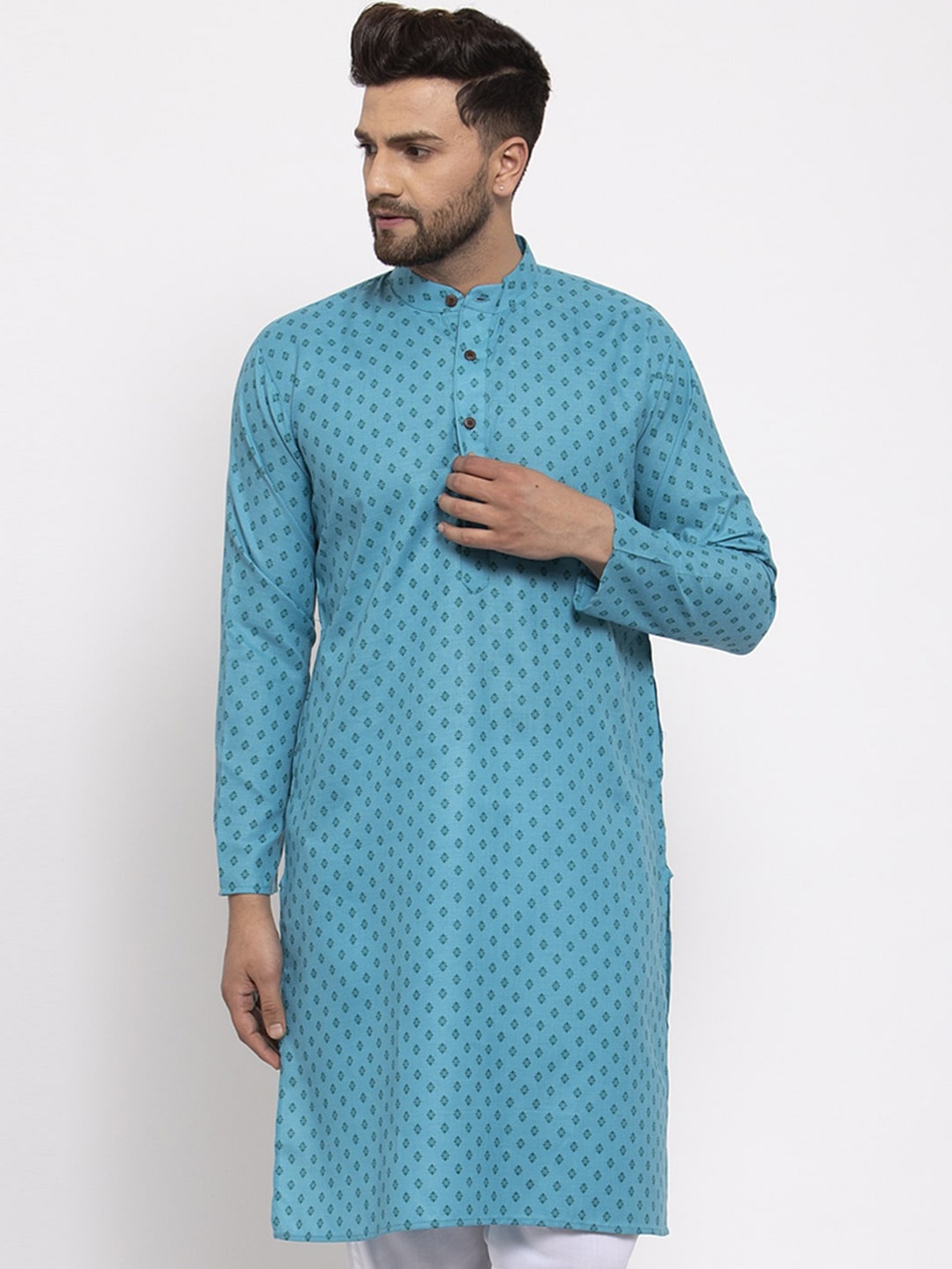 

Jompers Men Turquoise Blue Printed Straight Kurta