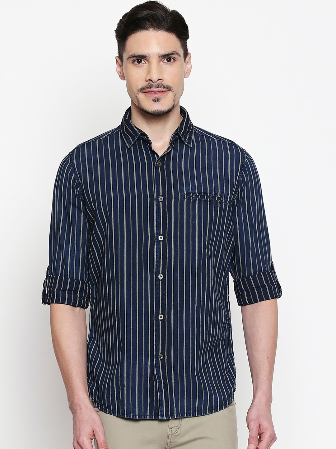 

Mufti Men Blue Slim Fit Striped Casual Shirt