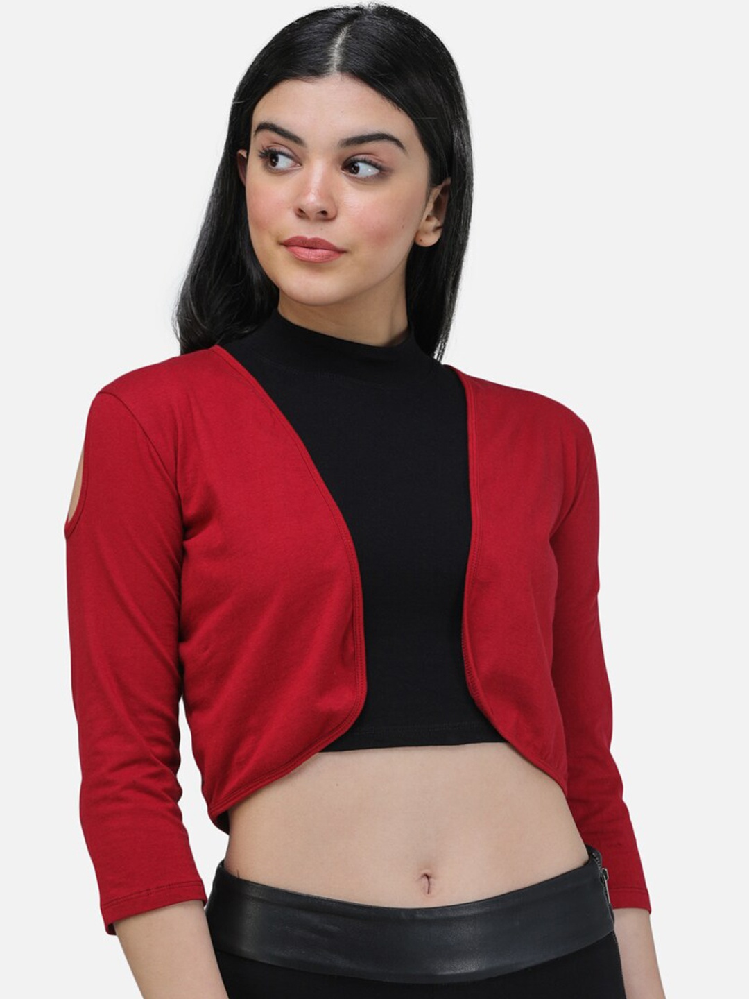 

SCORPIUS Women Maroon Solid Open-Front Crop Shrug